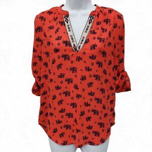 Society Girl Womens Elephant Print Top Tab Sleeves Size Small